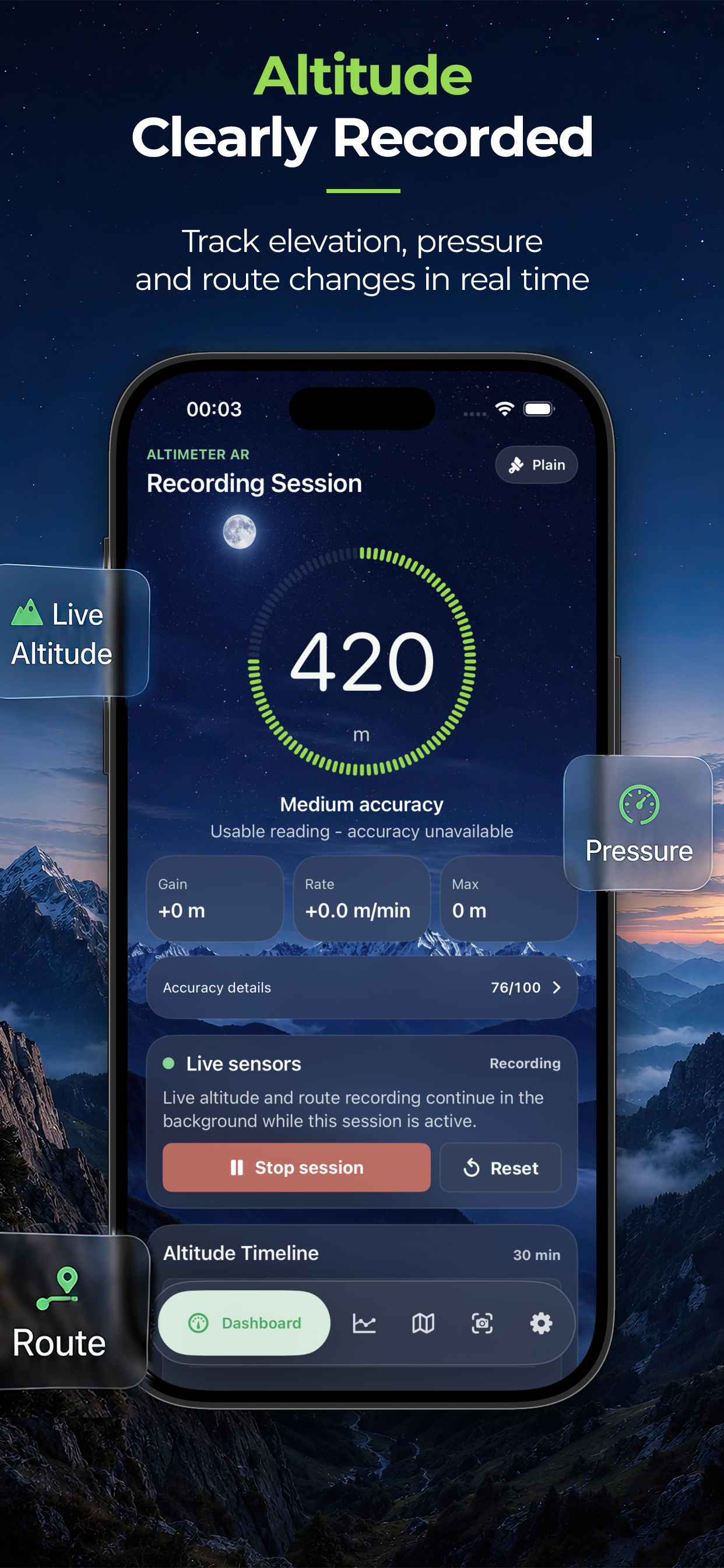 Altimeter AR live altitude recording dashboard