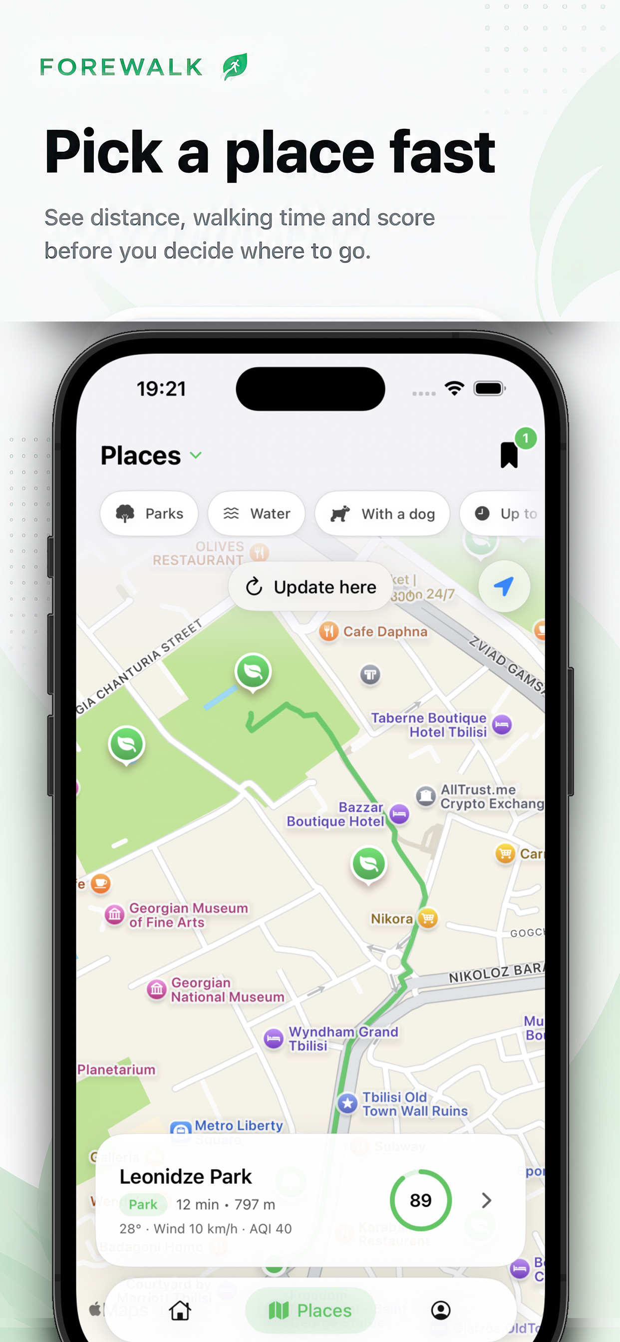 Forewalk route preview with distance, walking time, and score