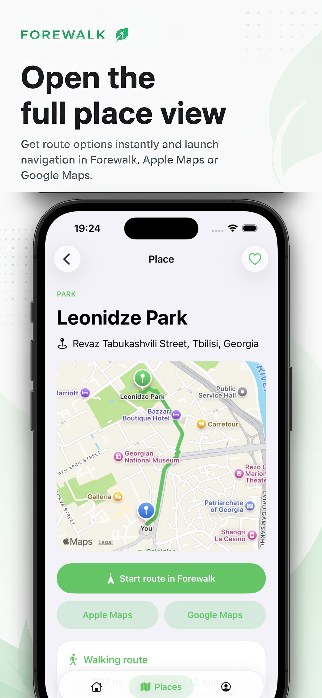 Forewalk place details with route options in Forewalk, Apple Maps, and Google Maps